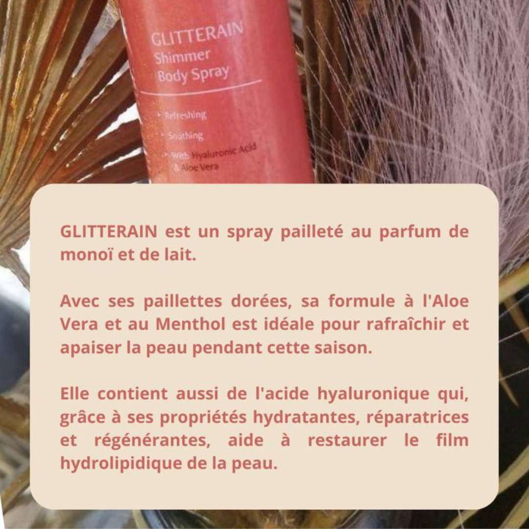 Spray Brume Corporelle Scintillante Dorée "GLITTERAIN"-parfum de monoï et de lait
