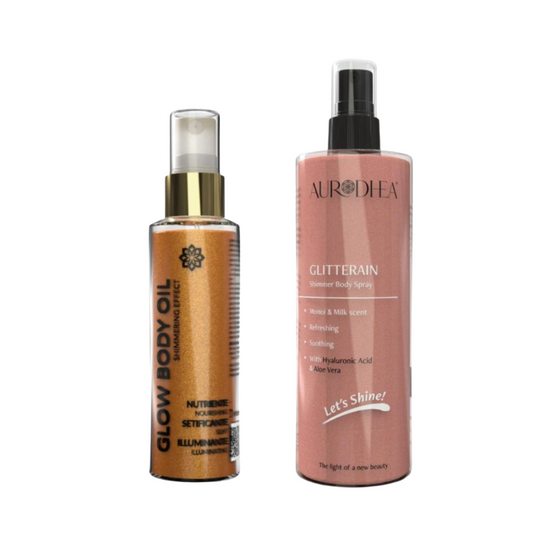 DUO BELLE PEAU SATINÉE: GLOW BODY OIL + GLITTERAIN BODY SPRAY - Code U20 et SOL22